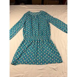 Peasant Dress Teal Drop Waist Geometric All Over Pattern Large Boho Whimsical